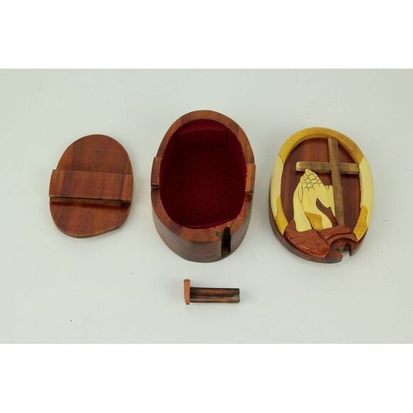 Hand Crafted Wood Prayer Hands and Cross Puzzle Trinket Box - Picture 3 of 4